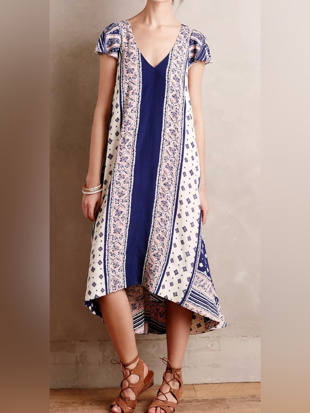 Maeve by Anthropologie Navy and Pink Printed Midi Short Sleeve Dress - Size M